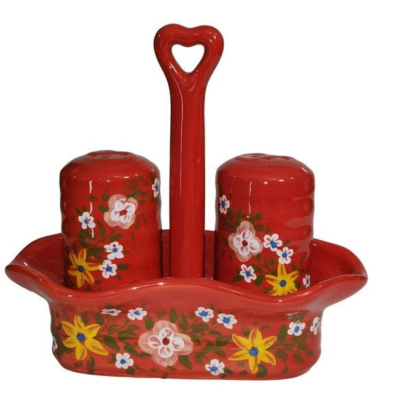 Handcrafted Ceramic Red Salt And Pepper Shakers With Caddy - Picture 16 of 16